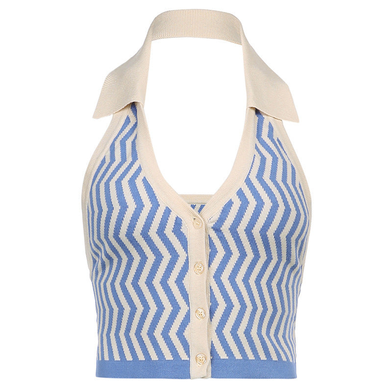 Sexy Fashion Strapless Lapels Halter Vest Wavy Striped Halter Vest