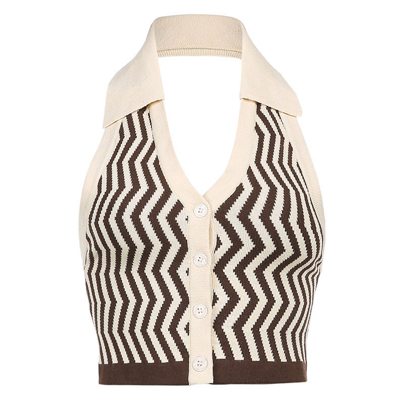 Sexy Fashion Strapless Lapels Halter Vest Wavy Striped Halter Vest