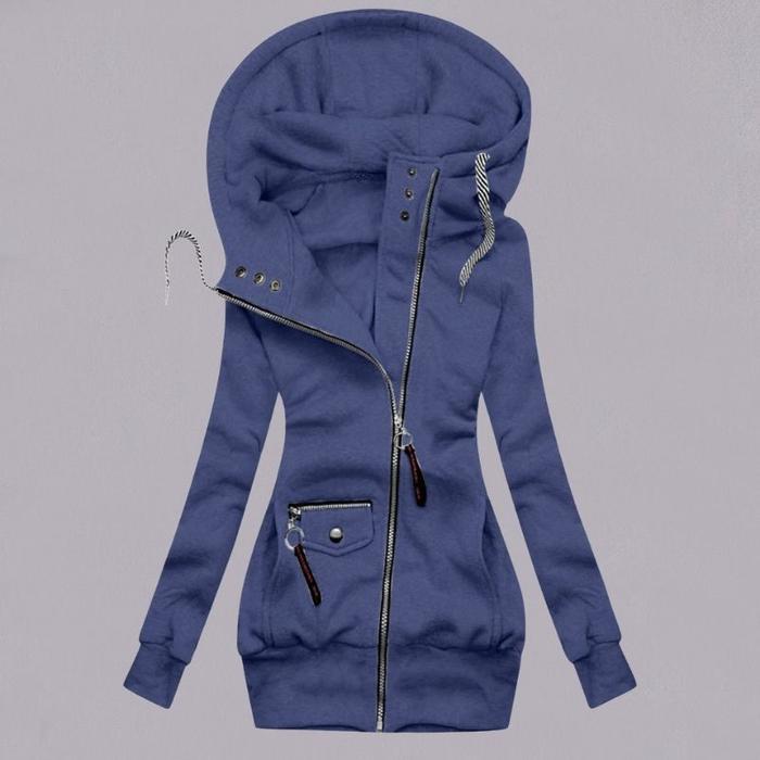 Autumn and winter stitching drawstring hooded slim coat