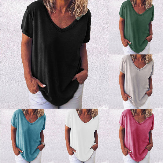 Solid Color V-Neck Women's Short-Sleeved T-Shirt