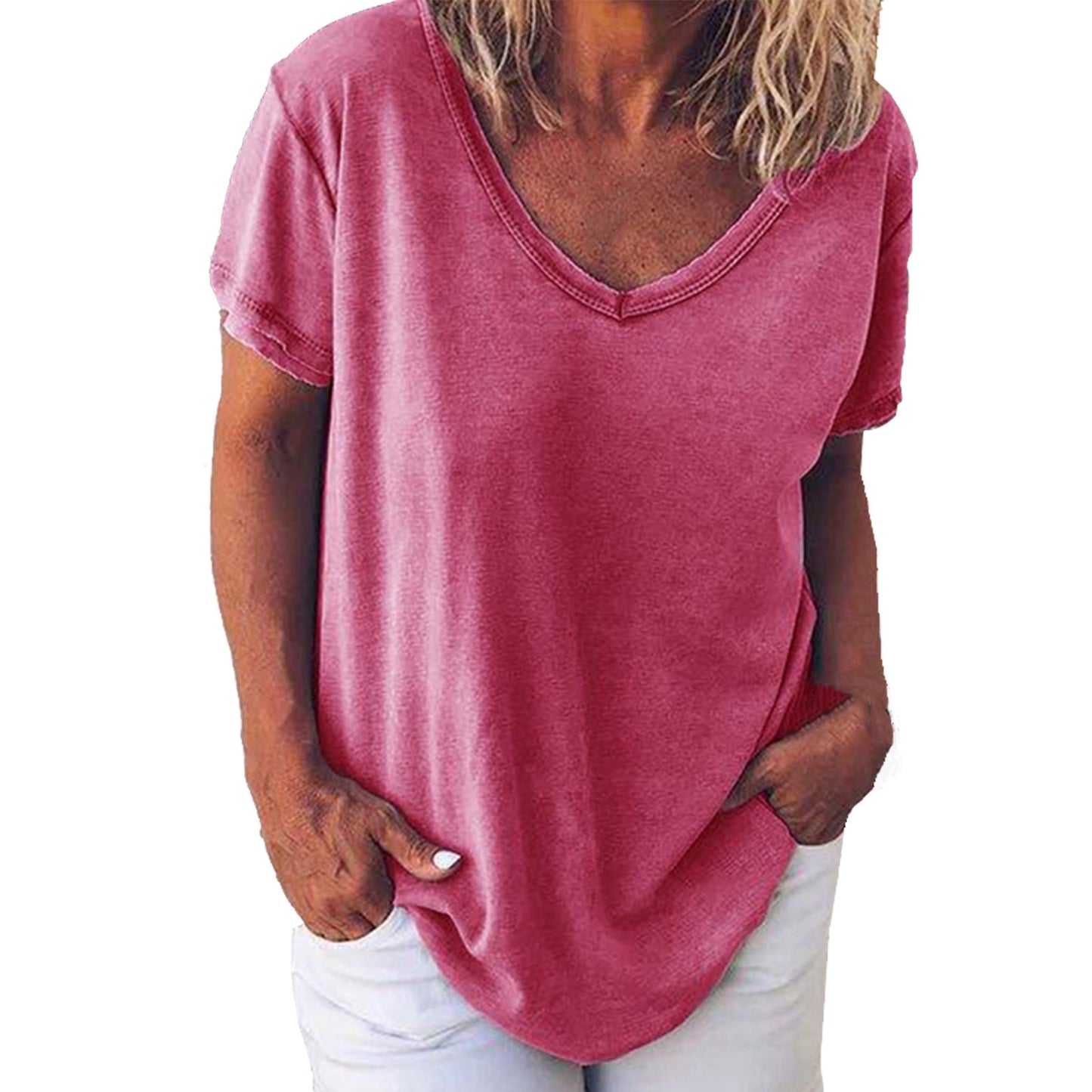 Solid Color V-Neck Women's Short-Sleeved T-Shirt