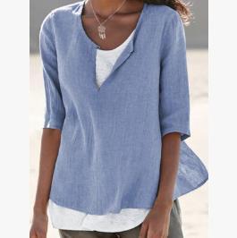 Spring And Summer New Solid Color Cotton And Linen V Neck Blouse