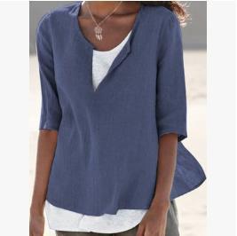 Spring And Summer New Solid Color Cotton And Linen V Neck Blouse