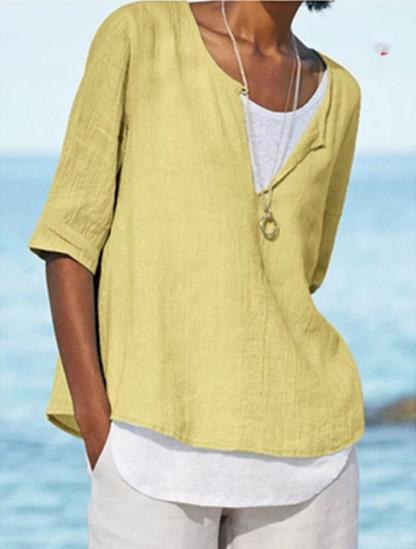 Spring And Summer New Solid Color Cotton And Linen V Neck Blouse