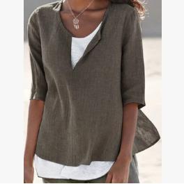 Spring And Summer New Solid Color Cotton And Linen V Neck Blouse