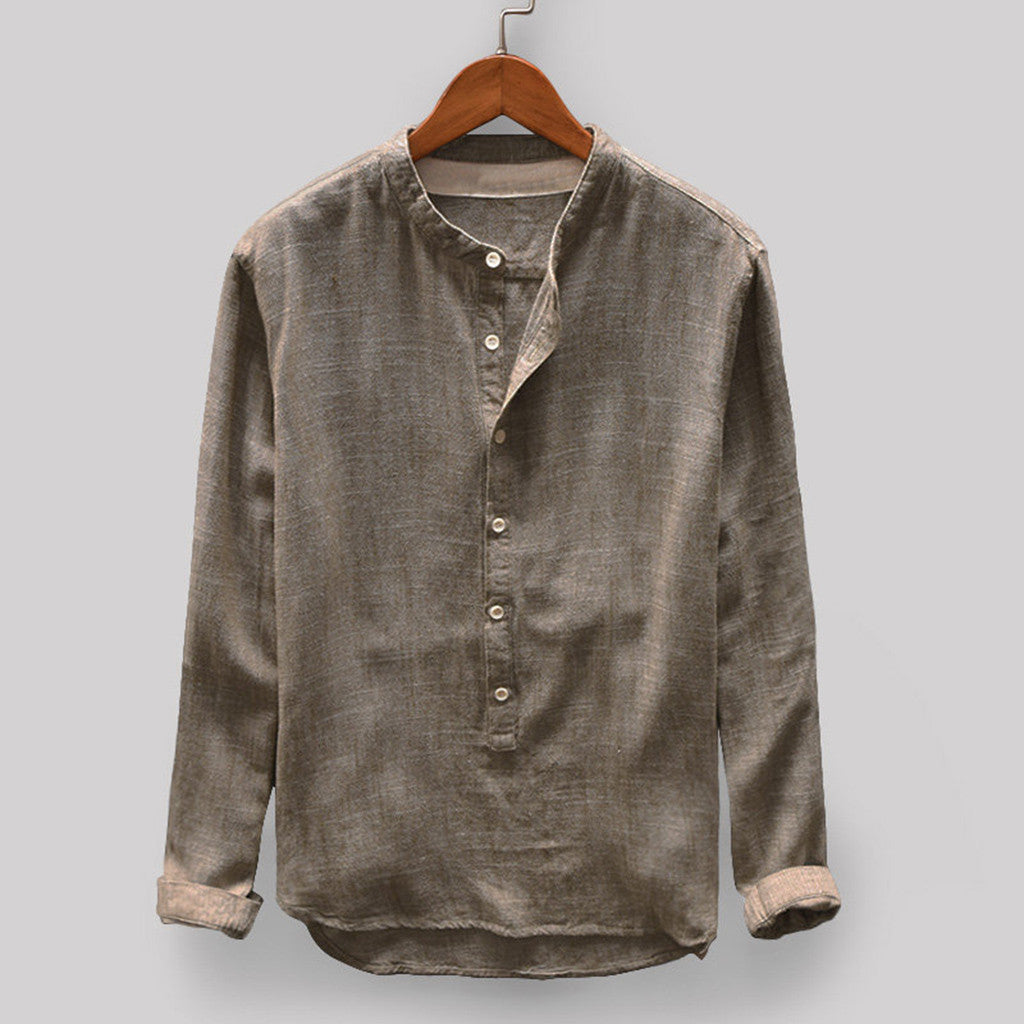 Solid Color Cotton And Linen Men's Long Sleeved Shirt