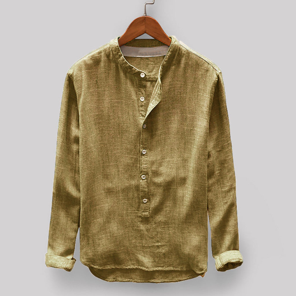 Solid Color Cotton And Linen Men's Long Sleeved Shirt
