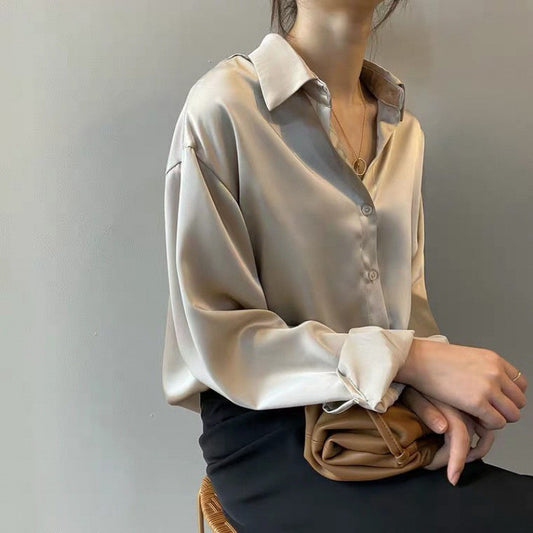 Design Sense Niche Satin Shirt Wild Retro Hong Kong Flavor