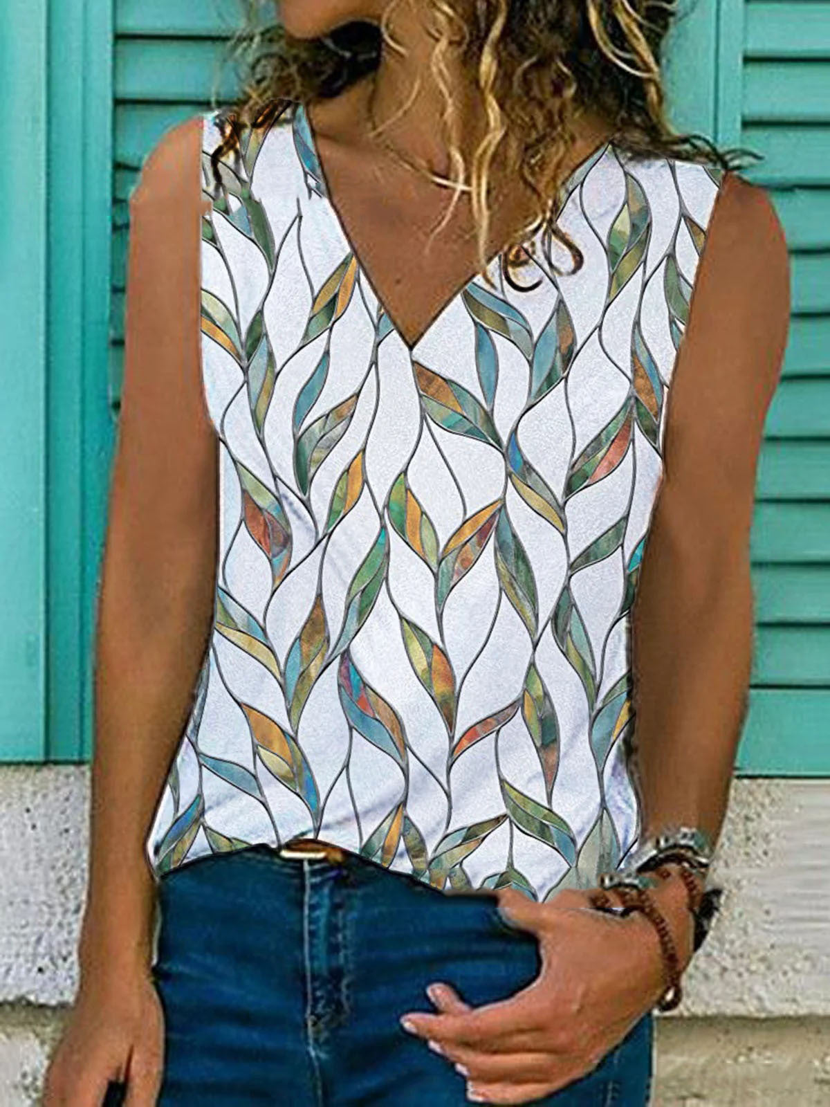 Printed V-neck Pullover Sleeveless Summer T-shirt