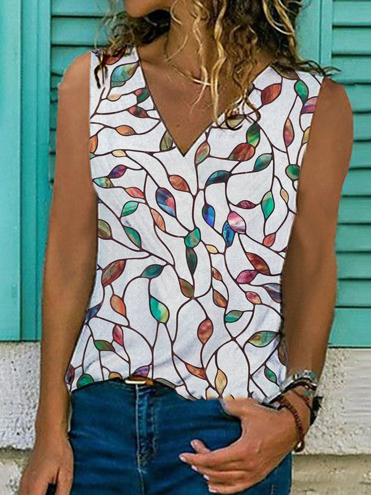 Printed V-neck Pullover Sleeveless Summer T-shirt