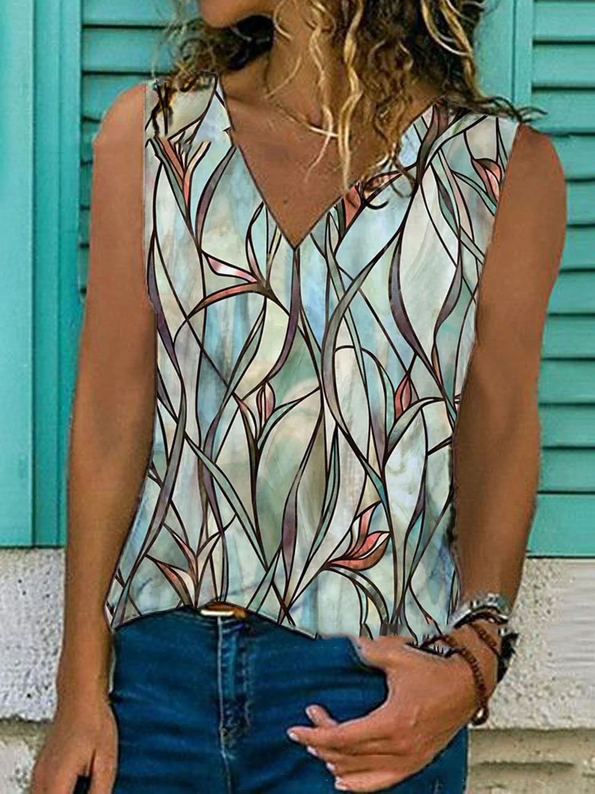 Printed V-neck Pullover Sleeveless Summer T-shirt