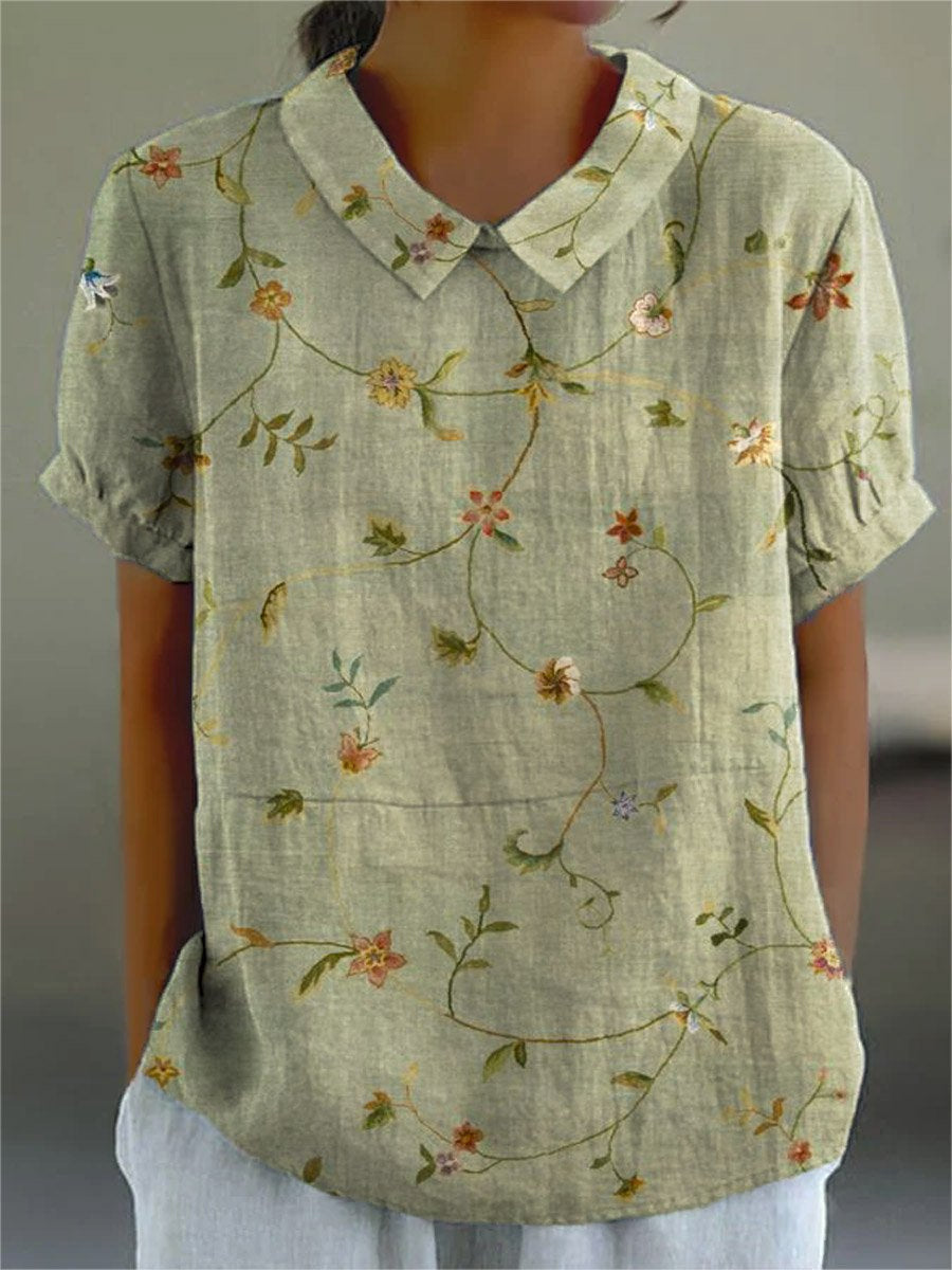 Women's Floral Stitching National Style Printing Lapel Short Sleeve