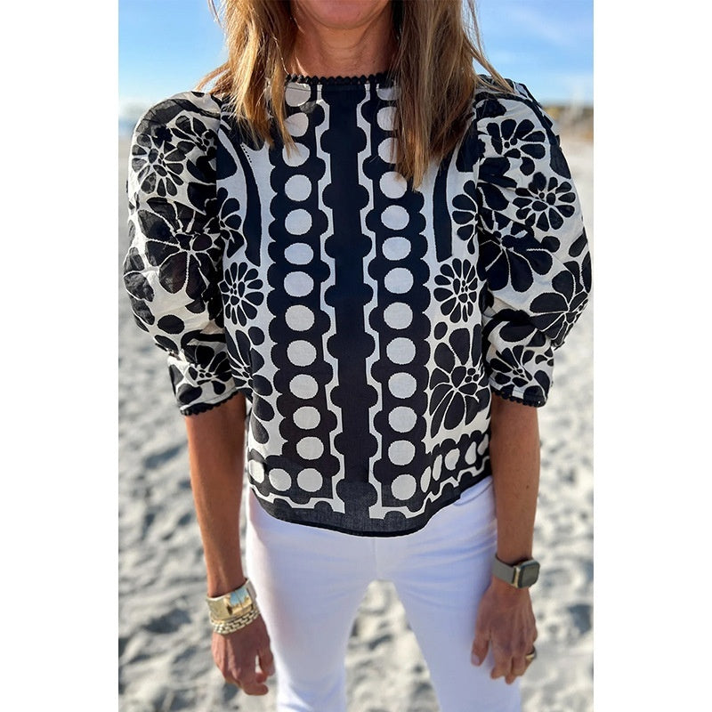 Round Neck Pullover Unique Design Floral Print Short Sleeve T-shirt