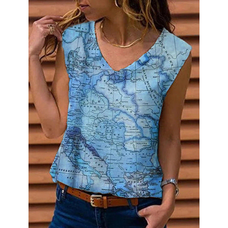Women's Vest Map Print T-shirt Top