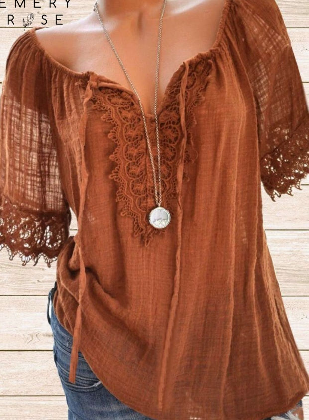 Women's Solid Color Contrast Lace Short Sleeve Casual Shirt