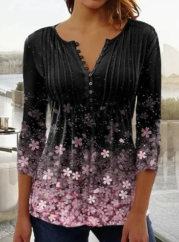 Women's Floral Printed V-neck Short Sleeve Button T-shirt