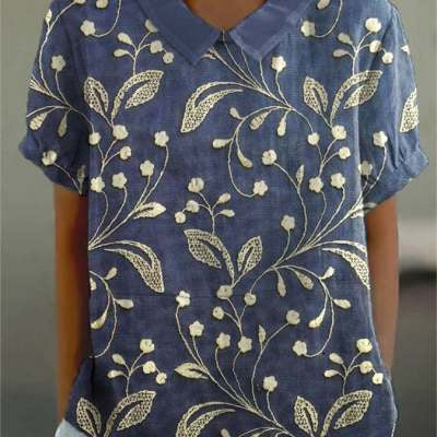 Ladies New Lapel Loose Casual Short-sleeved Top