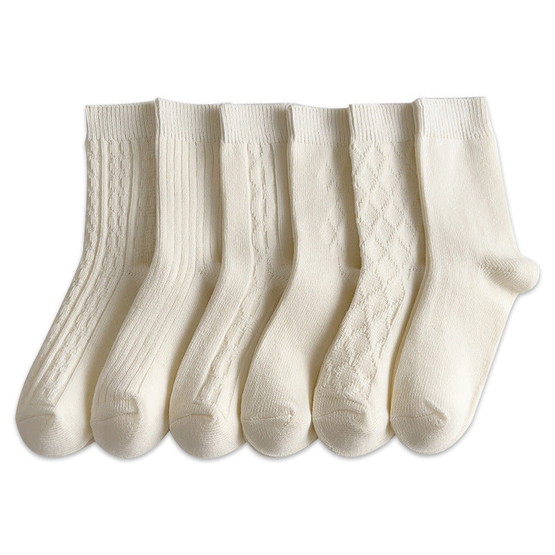 White Socks Women's Mid Tube Stockings Thick Thread Diamond Lattice Autumn And Winter