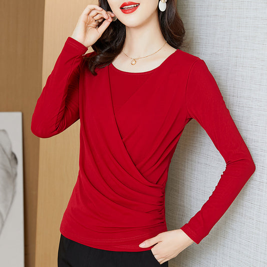 Crew Neck Crisscross Pleated Bottoming Ladies Blouse Top