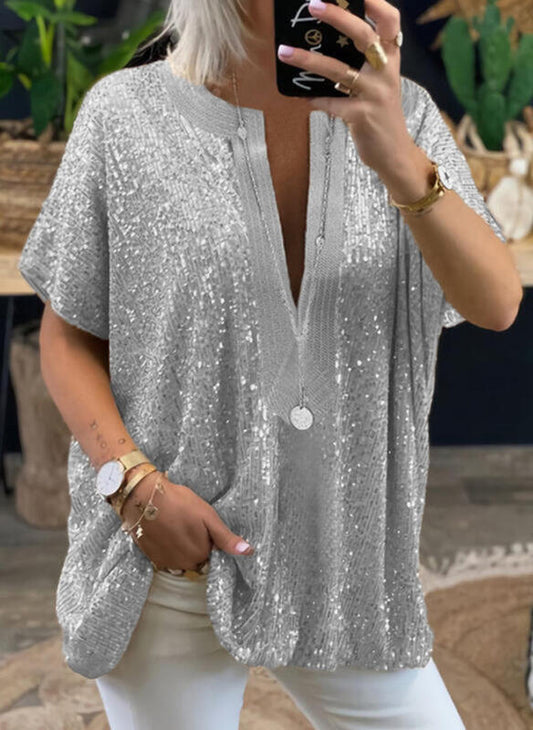 Loose Sequined V-neck Short-sleeved Casual Shirt