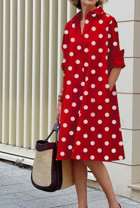 Ladies Shirt Long Sleeve Solid Color Simple Mid Length Dress