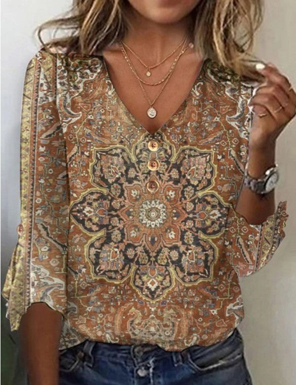 Women's Fall V-neck Bell Sleeve Printed T-shirt Top