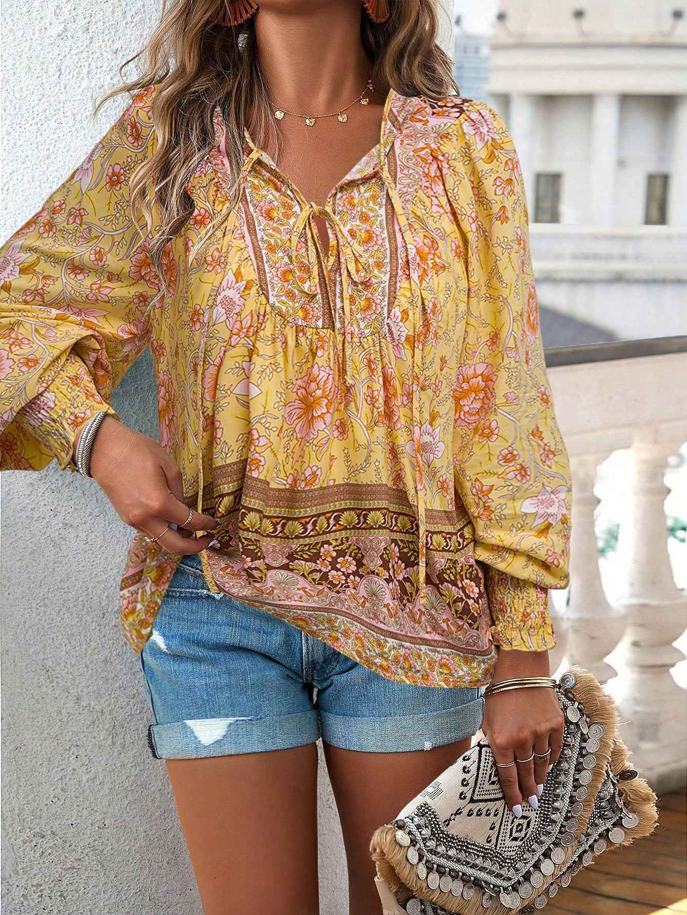 European And American Printed Shirt Women V-neck Long Sleeve Top
