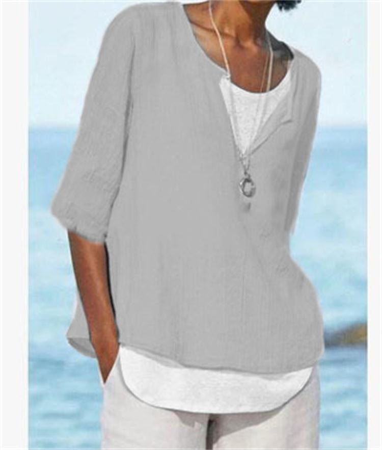 Spring And Summer New Solid Color Cotton And Linen V Neck Blouse