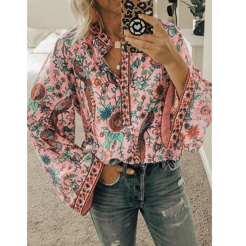Peacock print loose shirt