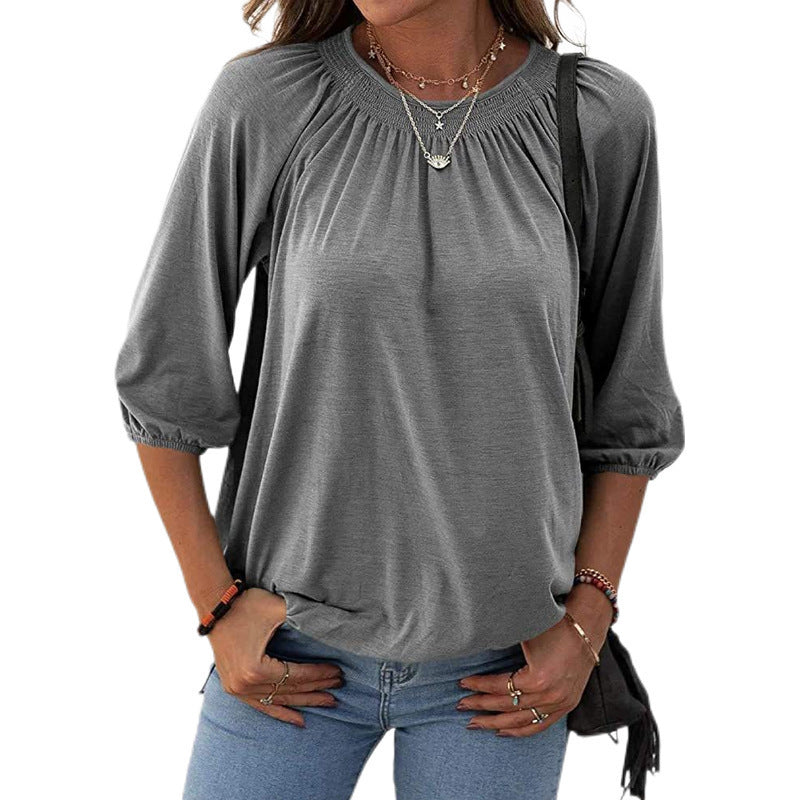 Women's Autumn Hot Selling Temperament Pullover Round Neck Loose Three-quarter-length-sleeved T-shirt