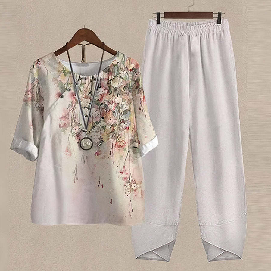 Spring New Women's Five-quarter Sleeve Printed Top Two-piece Pants