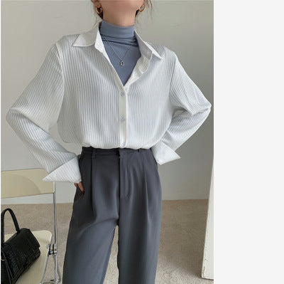French Long-sleeved Women's Lapel Loose Vertical Striped Shirt
