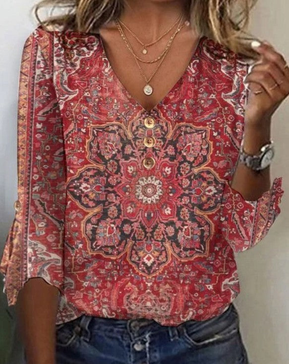 Women's Fall V-neck Bell Sleeve Printed T-shirt Top