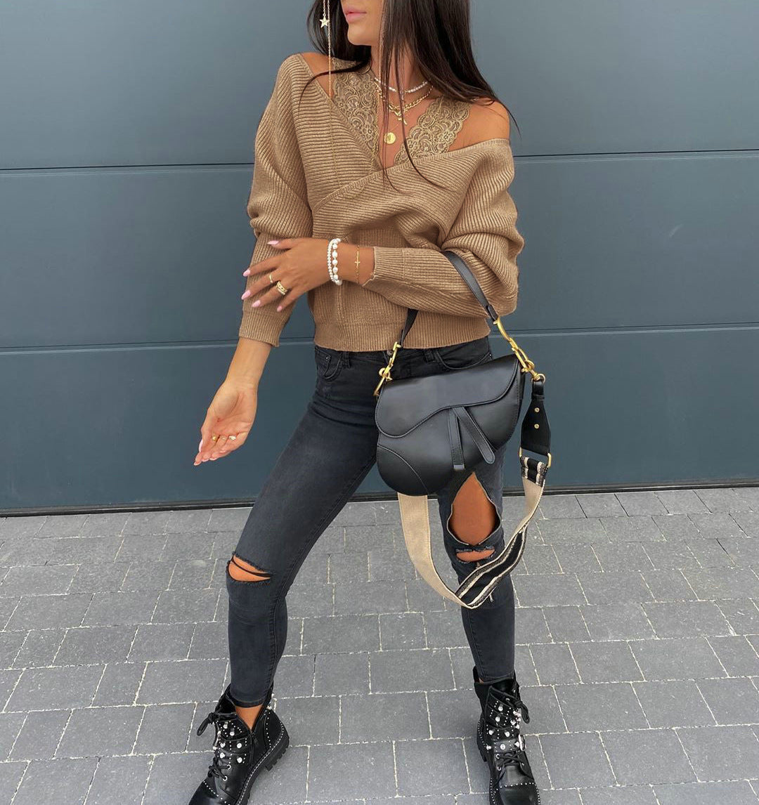 Sexy solid color lace sling strapless long sleeve top