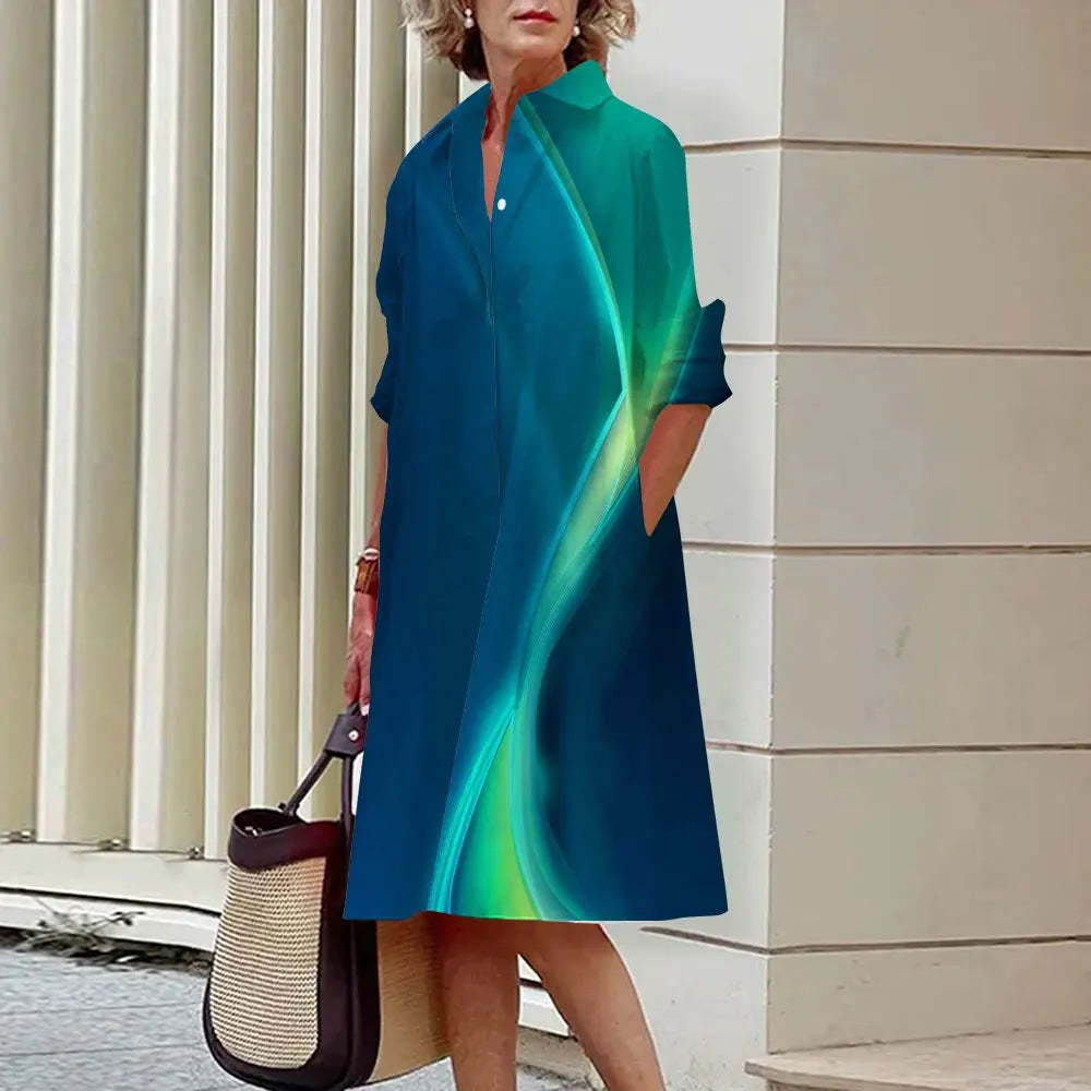 Ladies Shirt Long Sleeve Solid Color Simple Mid Length Dress