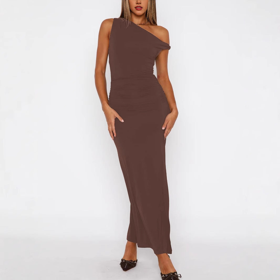 New One-shoulder Diagonal Collar Dress Sleeveless Lace-up