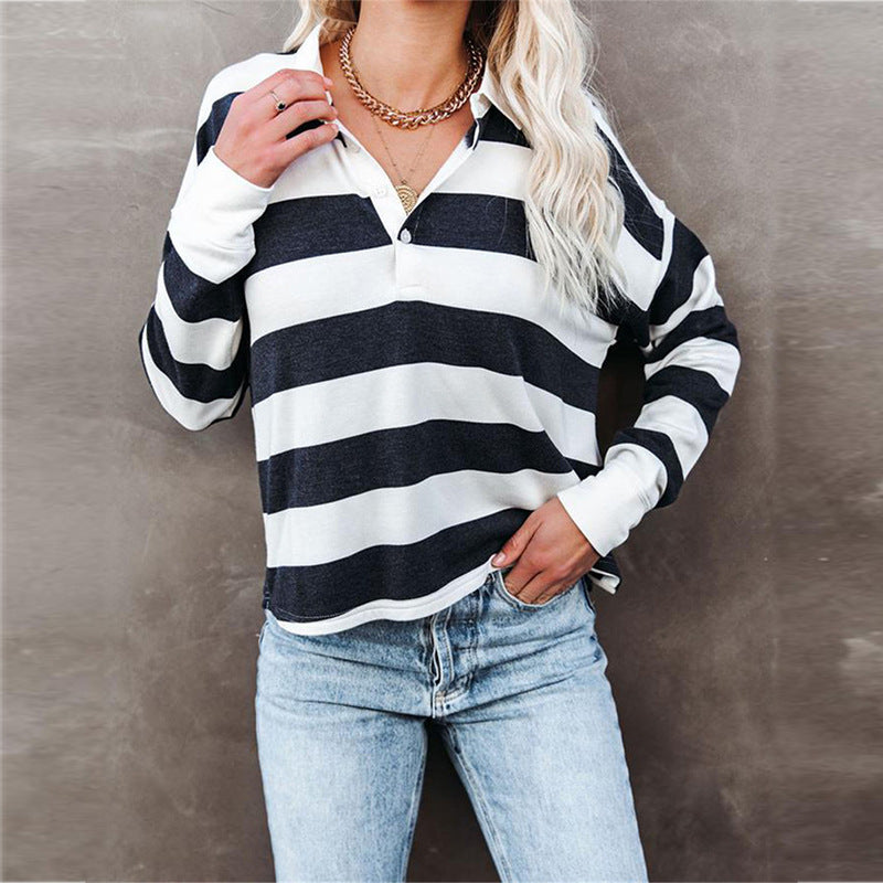 Ladies Striped Print Lapel Collar Button Long Sleeve T-Shirt