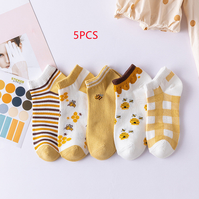 Cartoon Little Bee Boat Socks Pure Female Embroidery Combed Cotton Socks