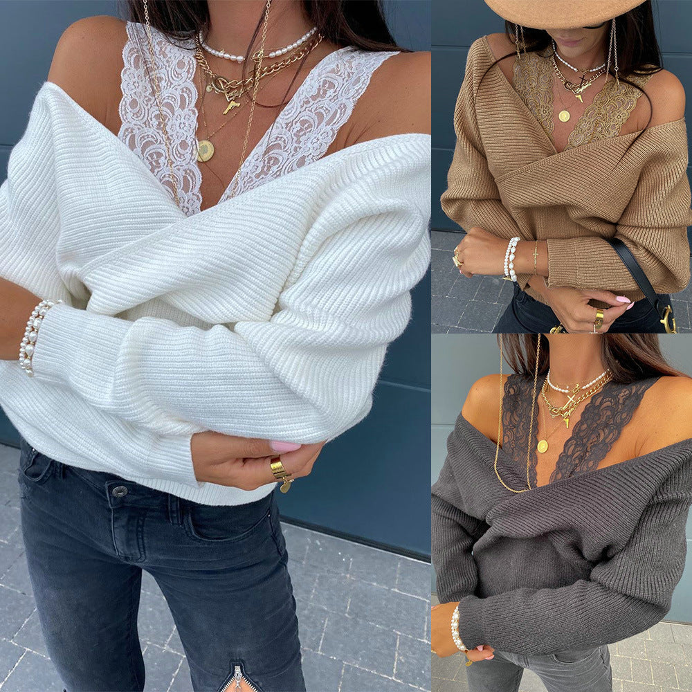 Sexy solid color lace sling strapless long sleeve top