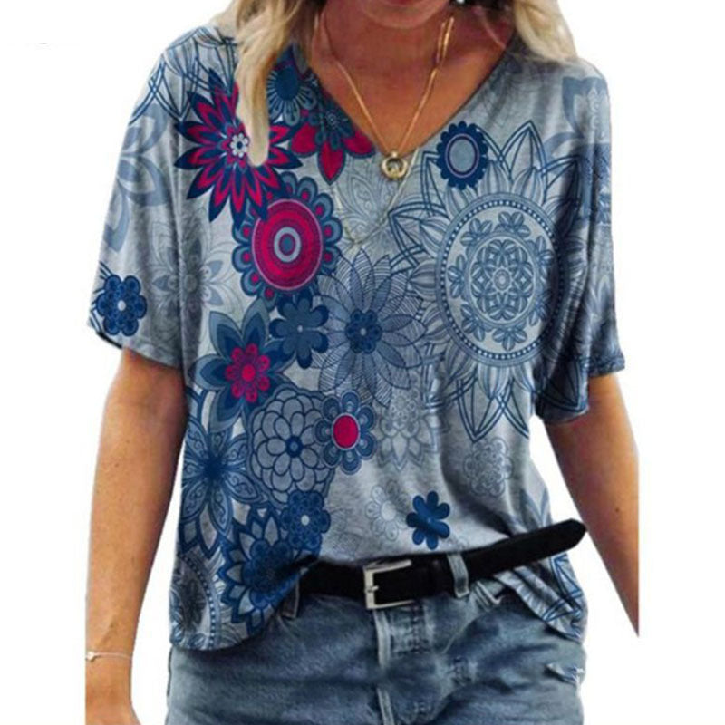 Oversized Loose V-neck Printed Short-sleeved T-shirt