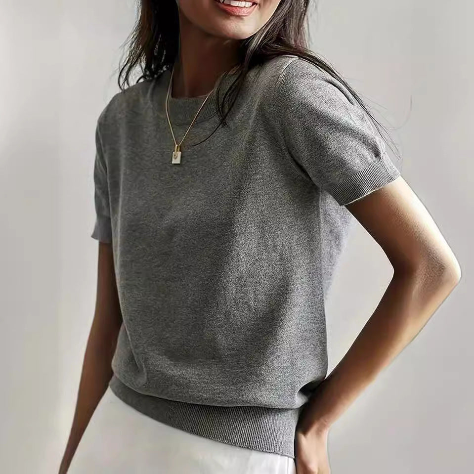 Simple Niche Round Neck Solid Color French Short Sleeve Sweater Sweater