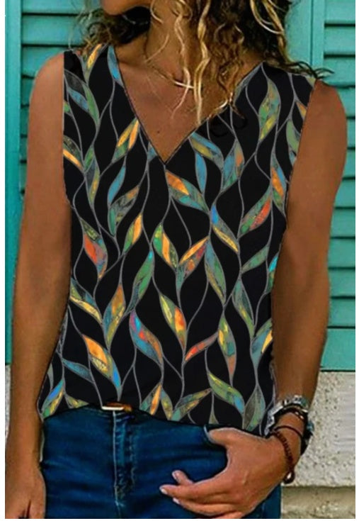 Printed V-neck Pullover Sleeveless Summer T-shirt