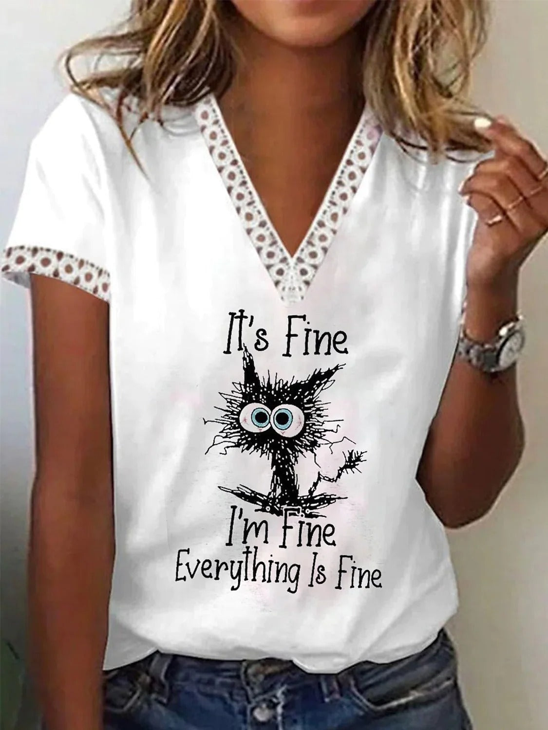Women's V-neck Lace Casual Top Short Sleeve Printed Stitching T-shirt