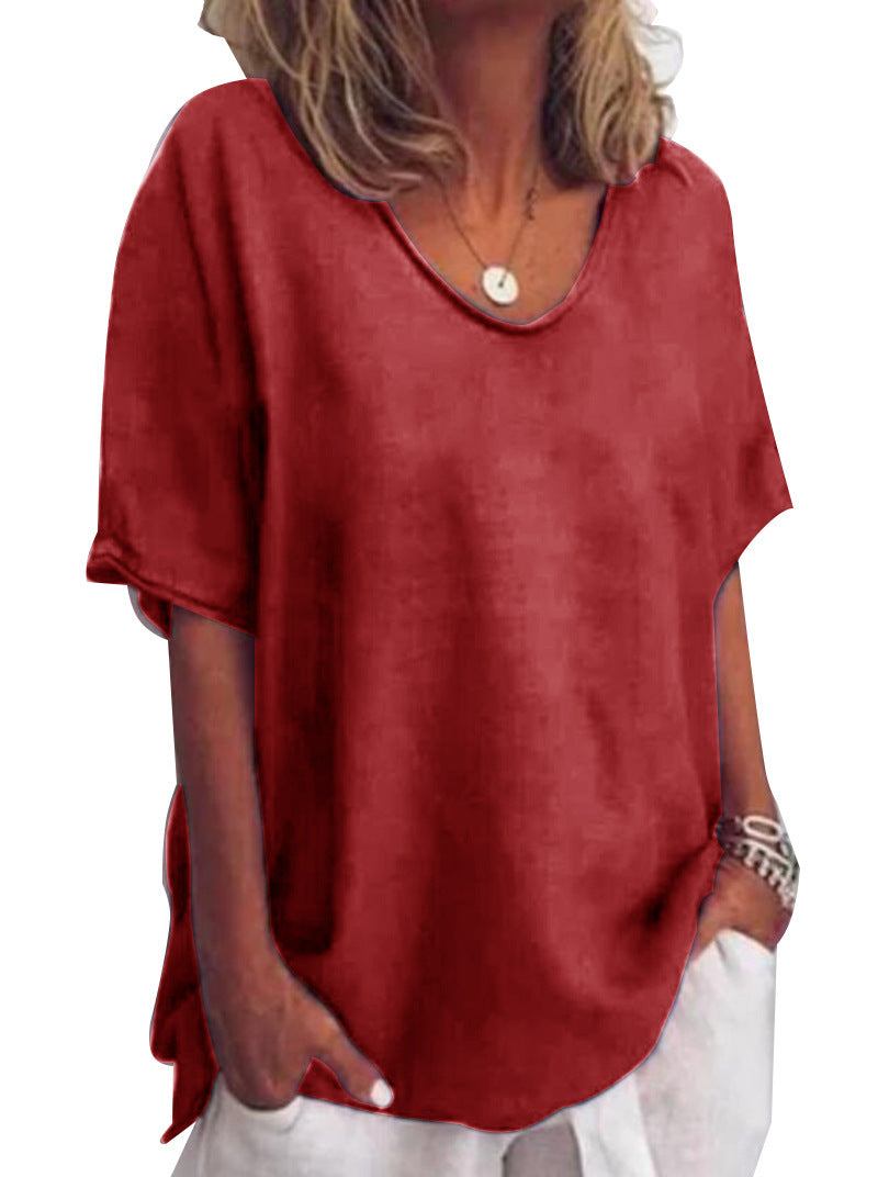 Solid Color V-Neck Women's Short-Sleeved T-Shirt