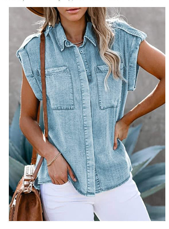 New Style Sleeveless Denim Shirt Straight Pocket Loose Blouse Women