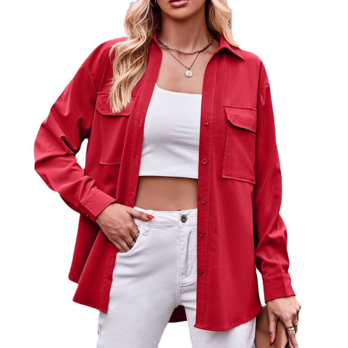 Polo Collar Solid Color Long Sleeve Coat Shirt