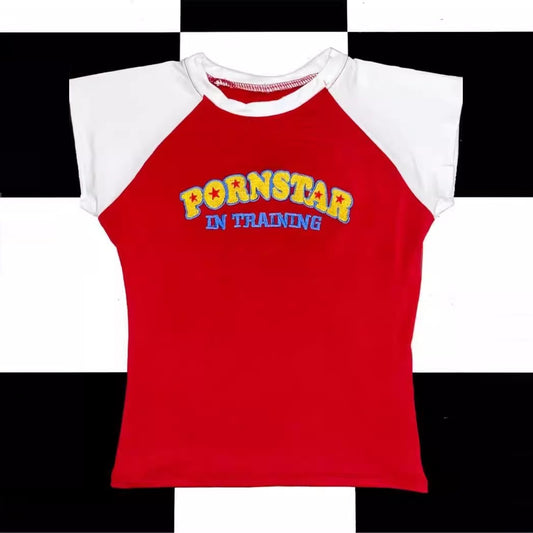 Contrast Color Letter Print Slim-fit Short-sleeved Hot Girl Top Fashion