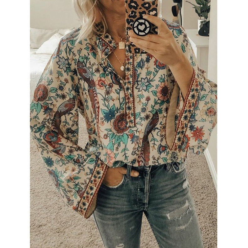 Peacock print loose shirt