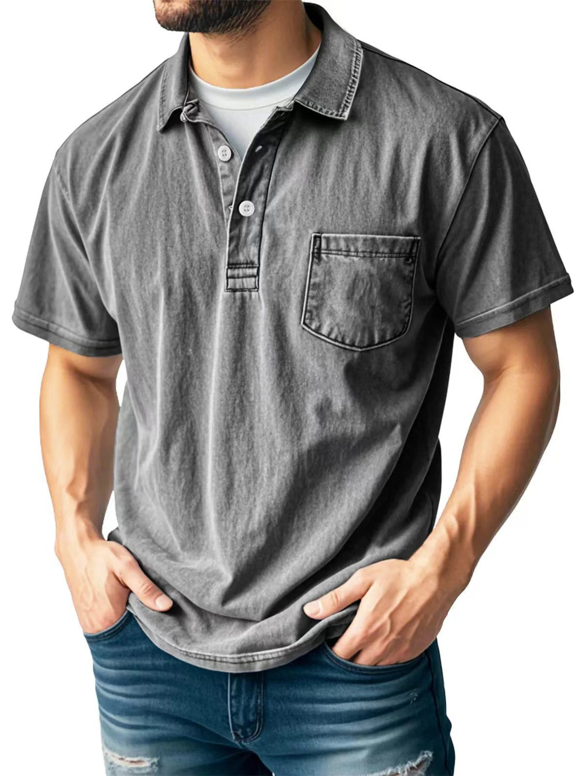 Men's Casual All-matching Short Sleeve Button Lapel Shirt Polo Shirt