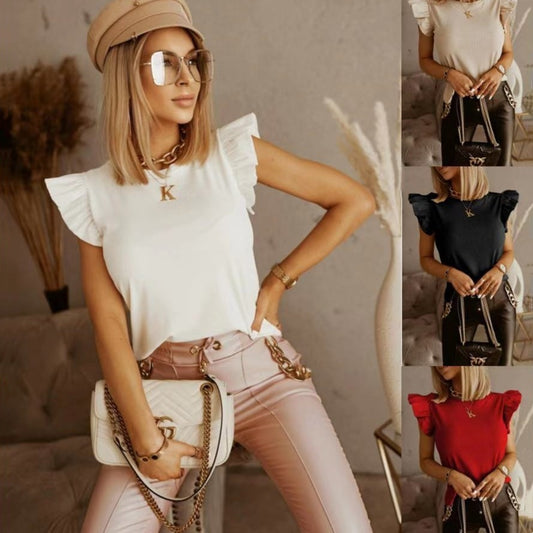 Women's Short-sleeved T-shirt With Ruffled Straps And Hollow Back In Solid Color